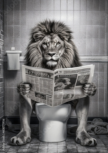 Obraz na plátně Lion sit on the toilet, leo sitting on the potty, restroom humor,
black and whit
