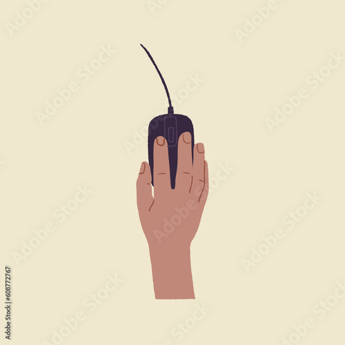 Top view man hand holding computer mouse editable vector illustration 
