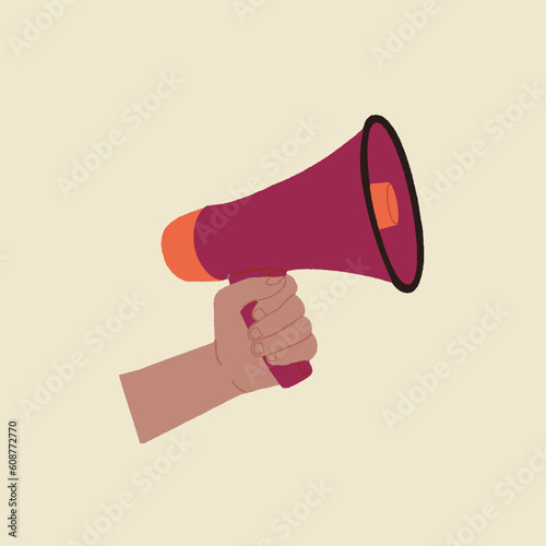 Man hand holding megaphone over isolated light yellow background vector illustration.
