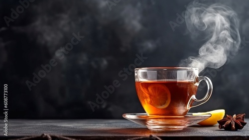 Steaming cup of hot tea on a dark, rural background. room for copying. GENERATE AI