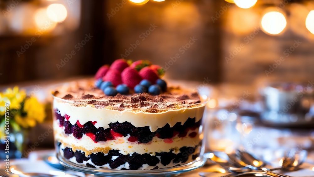 Light Dessert Tiramisu Trifle In Beautiful Glasses On Table. Generative AI