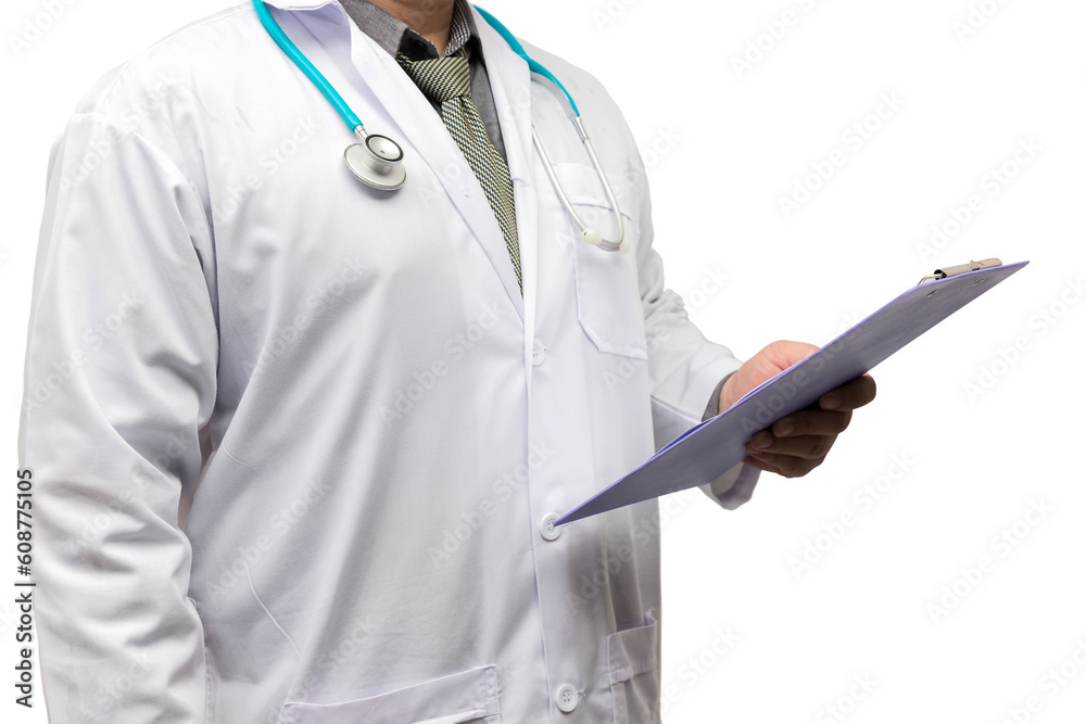 Doctor standing with stethoscope and holding chart diagnose isolated on white background. Doctor standing with stethoscope and holding chart diagnose isolated on white background.