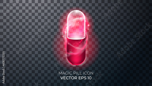 Red magic pill image 3d realistic render. Waves of magical smoke wrap around the pill. Decor elements for magic doctor, shaman, medium. Transparent background.