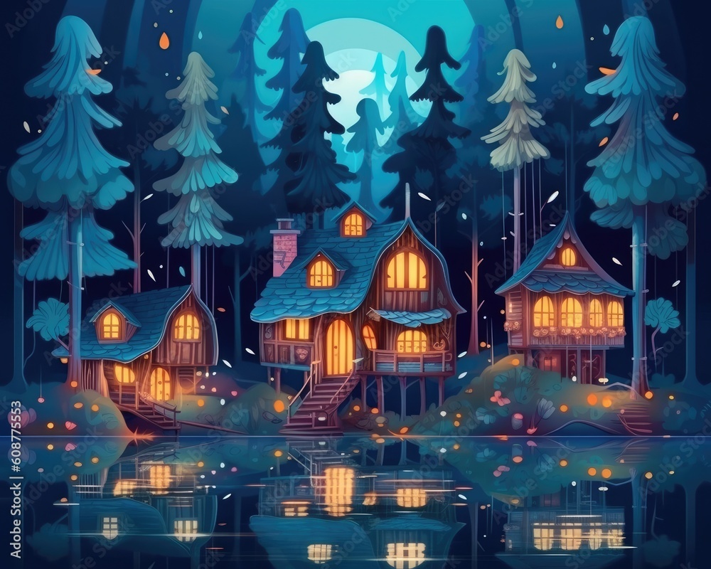 Tree trunks become fairy tale homes in enchanted forest at night. (Illustration, Generative AI)