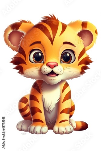 Cute baby Tiger in Cartoon Style on white background - generative AI