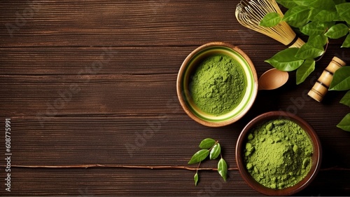 a traditional Japanese product. Matcha green tea is arranged in a bowl and sprinkled against a background of dark wood. GENERATE AI photo