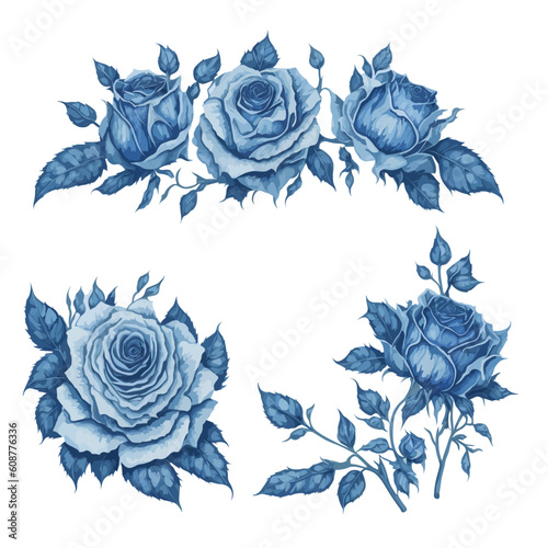 Set of Blue Rose Flower Arrangement Watercolor Illustration