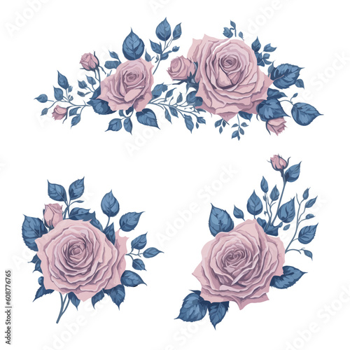 Elegant Pink and Blue Rose Watercolor Floral Collection for Wedding Invitation Ornament