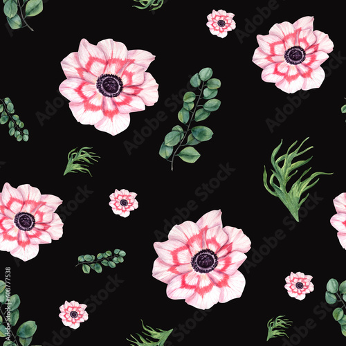 Wallpaper Mural Watercolor seamless pattern of anemones with eucalyptus isolated on black background. Illustration for create textile design, scrapbooking, packaging, poster, cover, prints Torontodigital.ca