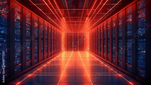 3D rendering of a server room featuring a data design element for node-based programming. GENERATE AI