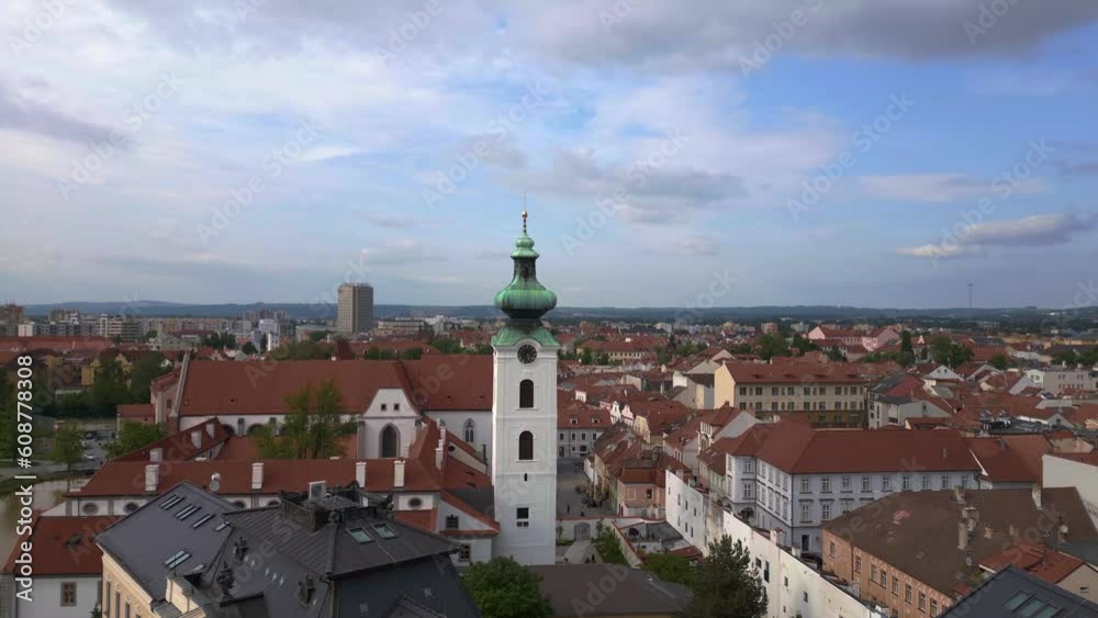 Budweis church tower Budejovice old town. Wonderful aerial top view flight drone Budweis church tower Budejovice old town. Wonderful aerial top view flight drone