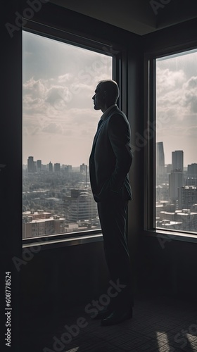 silhouette of a person looking through the window picture of a businessman, company, entrepreneurship, marketing, manages, work, meeting