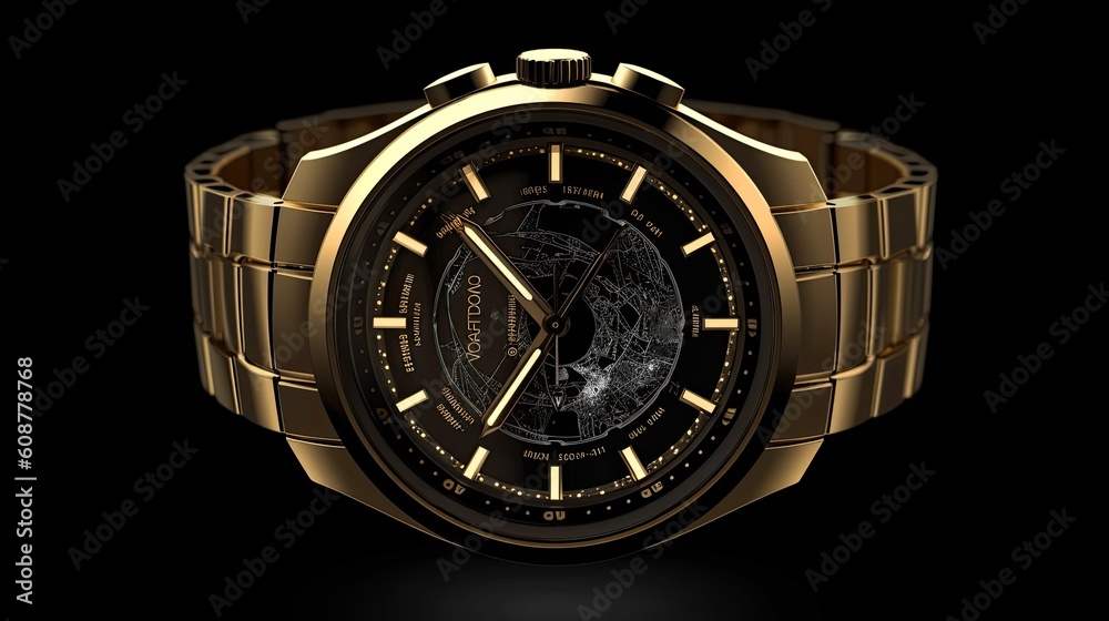 watch isolated on black elegant and modern watch made of gold on black background watch isolated on black elegant and modern watch made of gold on black background