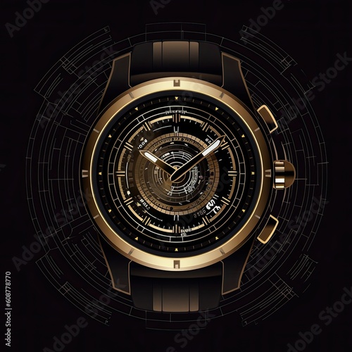 clock on the wall elegant and modern watch made of gold on black background