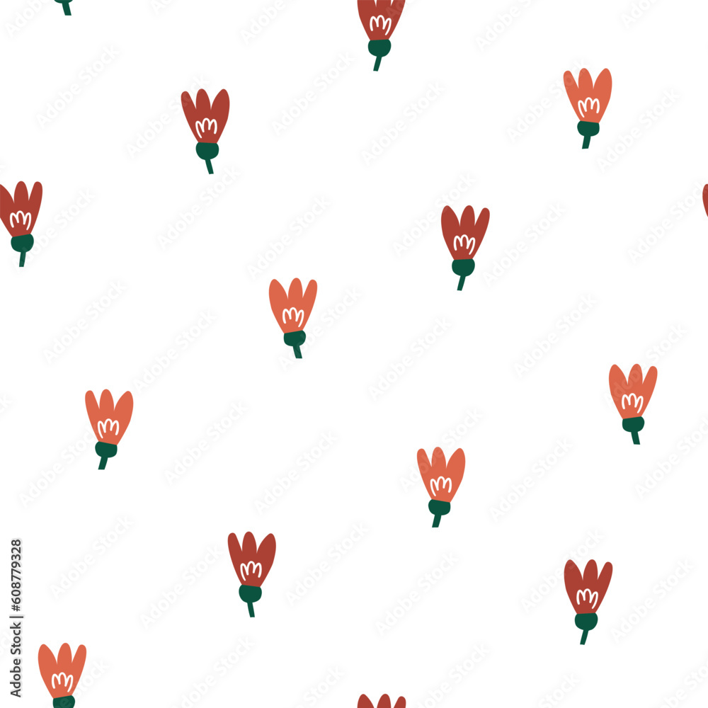 Hand drawn cute spring botany seamless pattern of tulip. Flat vector Easter abstract print design in colorful doodle style. Repeated background with flower field, wrapping or wallpaper.