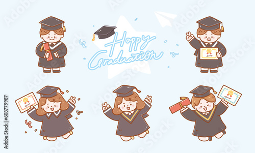 Vector illustration. New semester Happy graduation bachelor uniform student. graduation children student jumping.