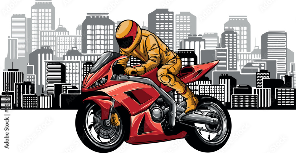 vector illustration of motorcycle on city background.