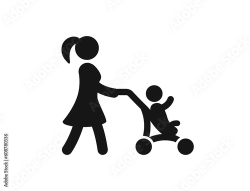 mother pushing baby pram silhouette