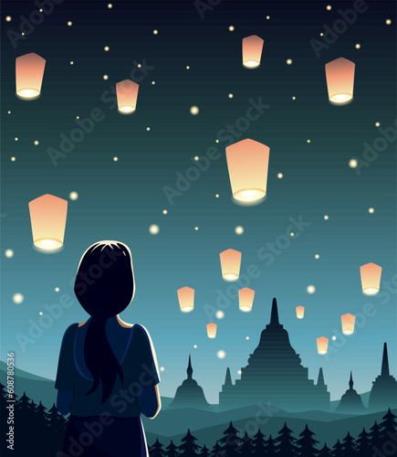 Vector illustration of Vesak festival. A girl pray under the lentern light.