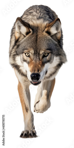a Timberwolf full body in an aggressive stance, frontal view in a Nature-themed, photorealistic illustration in a transparent PNG, cutout, and isolated. Generative ai