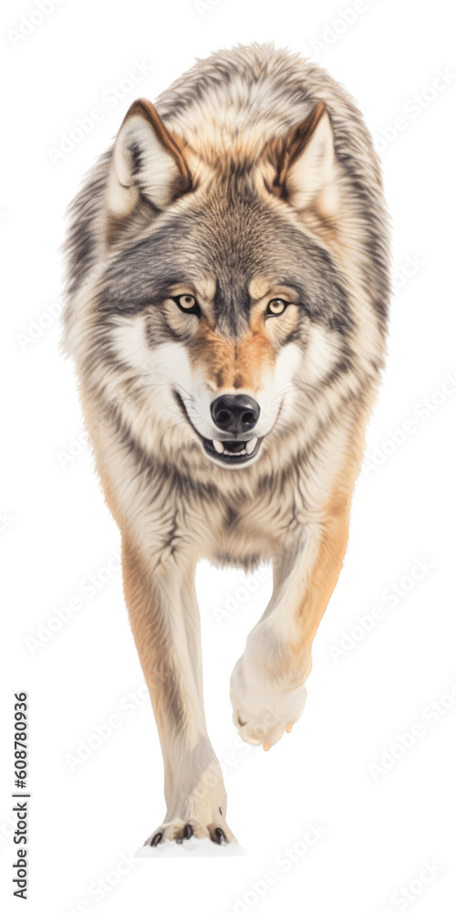 a Timberwolf full body in an aggressive stance, frontal view in a Nature-themed, photorealistic illustration in a transparent PNG, cutout, and isolated. Generative ai a Timberwolf full body in an aggressive stance, frontal view in a Nature-themed, photorealistic illustration in a transparent PNG, cutout, and isolated. Generative ai