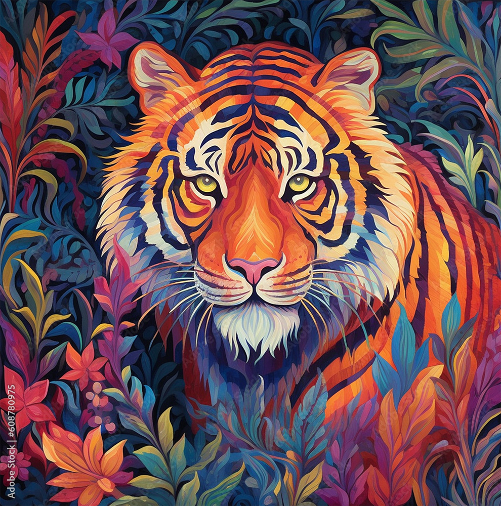 Tigers in the forest, art in colorful forests, murals