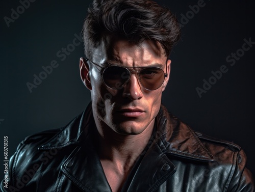 80s style alpha male portrait of man in back leather jacket with sunglasses, generative ai