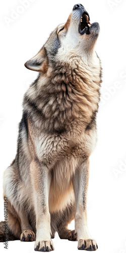 a beautiful Timberwolf, full body, howling, Vertical format,  wild beauty,  Wildlife-themed, photorealistic illustrations in a PNG, cutout, and isolated. Generative AI