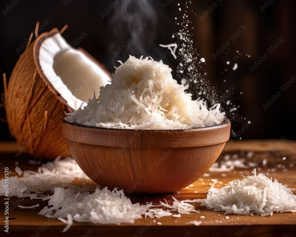 shredded coconut overflowing from a wooden bowl on a rustic table shredded coconut overflowing from a wooden bowl on a rustic table