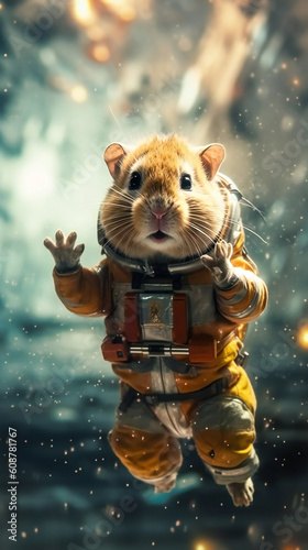 A cinematic wide shot of a hamster in a space suit