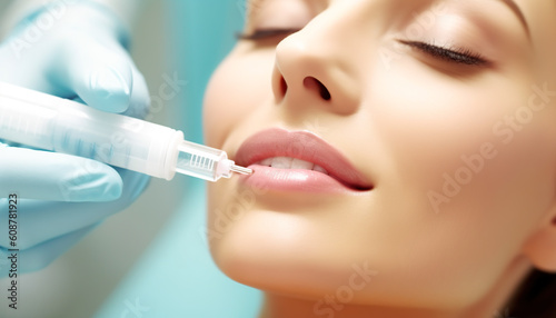Happy woman getting hyaluronic filler injection applied to her lips in aesthetic and dermatology clinic. Generative IA.