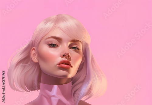 Blonde young woman with green eyes against a pastel pink background. Semi realistic style. Generative AI.