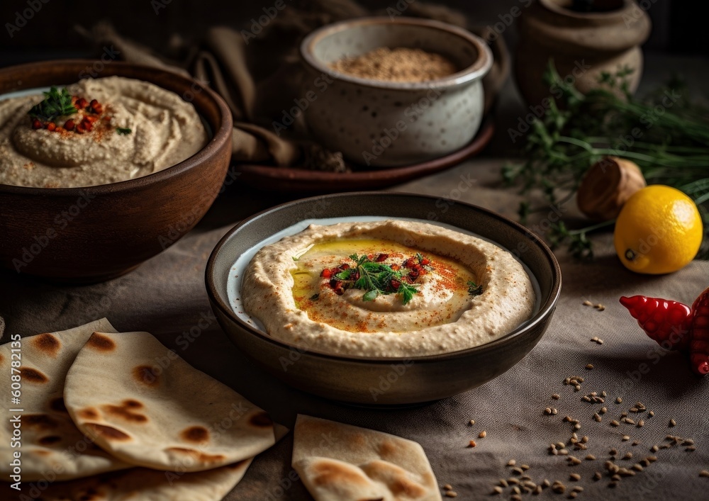 Tahini mixed with hummus and served with warm pita bread on a rustic table