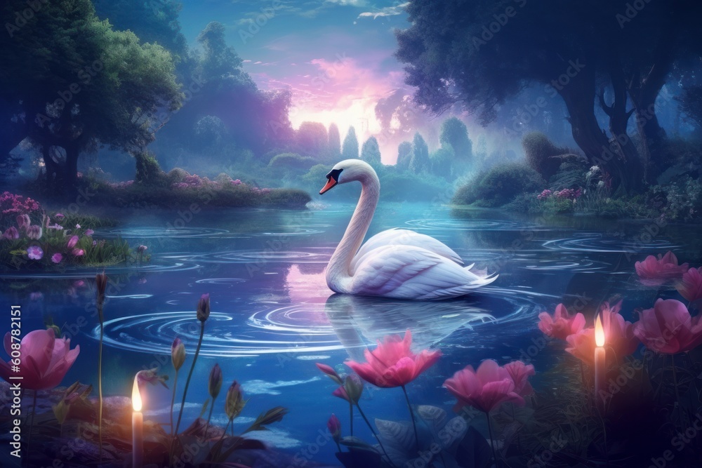 Fantasy magical enchanted fairy tale landscape with swan. Generative AI