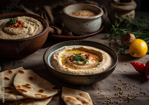 Tahini mixed with hummus and served with warm pita bread on a rustic table