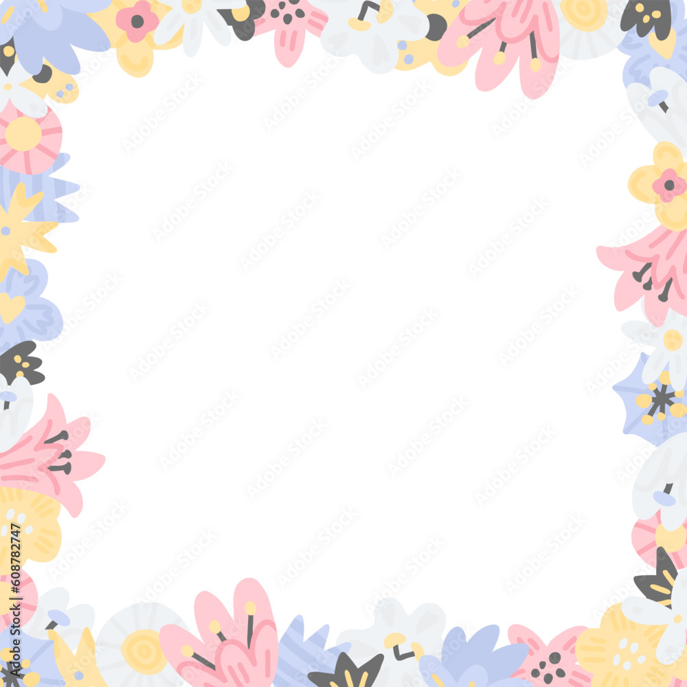 Cute floral pastel color square frame. Summer vector border with different flowers on white background. Template for invitation or greeting card