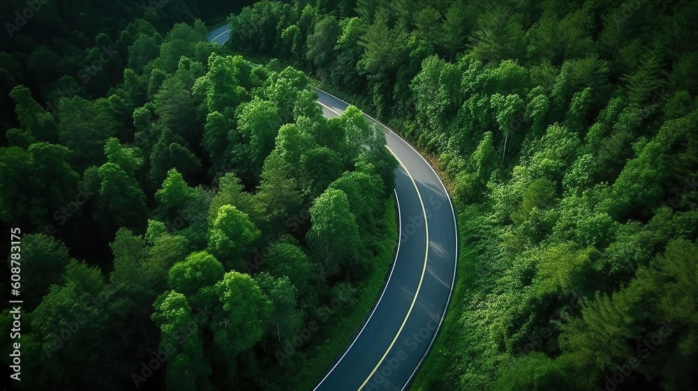 Long and winding rural road leading through dense green pine forest. Generative ai