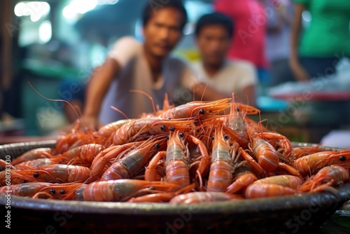 Fresh prawn in the market. Generative AI.