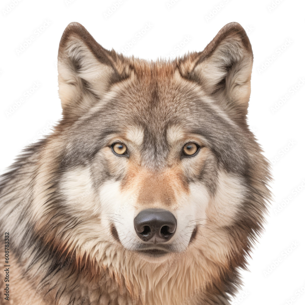 a beautiful Timberwolf portrait, piercing gaze, wild beauty,  Wildlife-themed, photorealistic illustrations in a PNG, cutout, and isolated. Generative AI