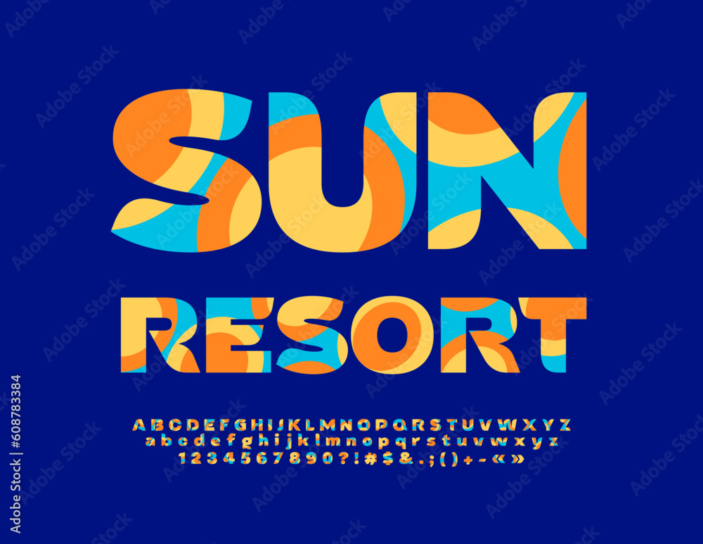 Obraz premium Vector colorful Emblem Sun Resort. Bright Creative Font. Artistic Alphabet Letters and Numbers