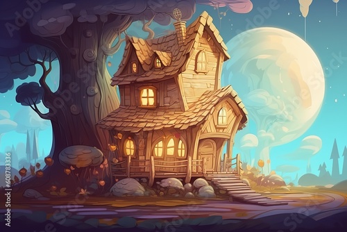 Cute magical log house dream core art copy_space