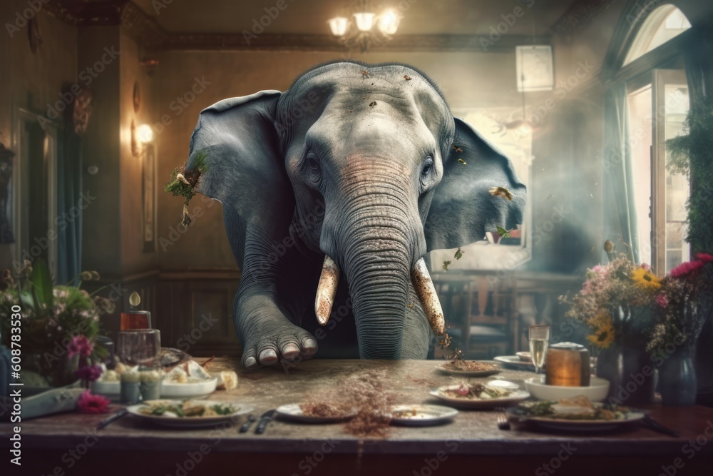 Fototapeta premium Frightened elephant runs inside restaurant. Generative AI
