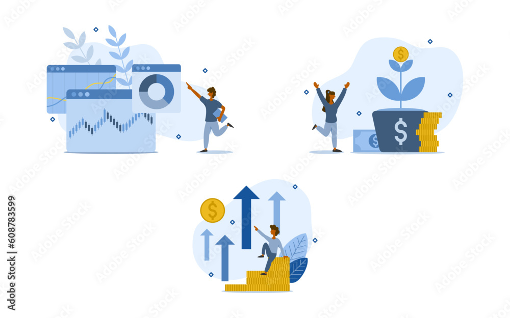 investment illustration set. characters analyze and invest in the currency exchange market to profit and growth their own money. money increasing concept. vector illustration.