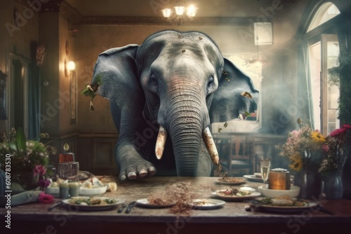 Frightened elephant runs inside restaurant. Generative AI