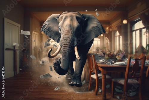 Frightened elephant runs inside restaurant. Generative AI