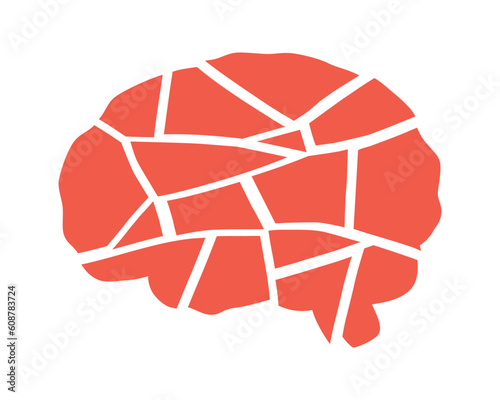 Hand drawn cute illustration of human brain shape broken into pieces. Flat vector depression, sorrow symbol in doodle style. Mental health, psychology sticker, icon. Isolated on white background.