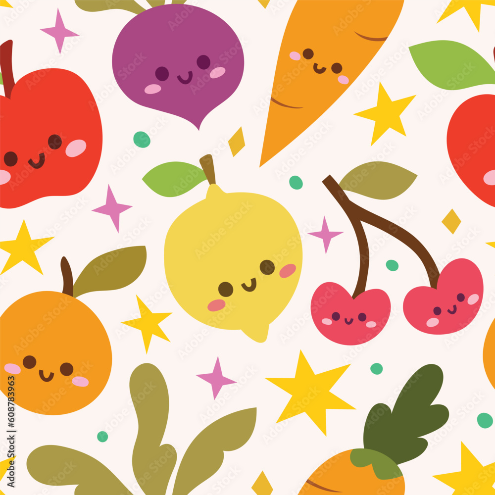 Stylish fruit and vegetables seamless background. Tropical oranges pattern. Modern hand-drawn print for fabric, surface, wallpaper.