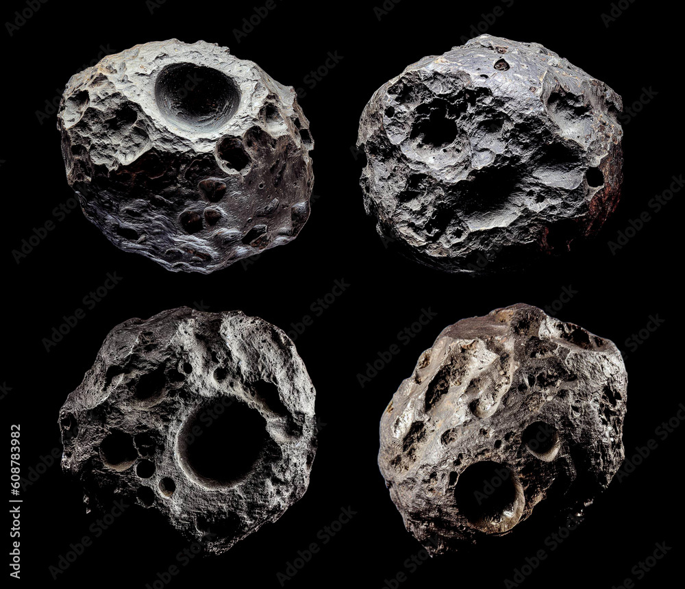 Asteroids isolated on black background. High resolution. A set of meteorites isolated on pure black for easy of use and integration into your design.