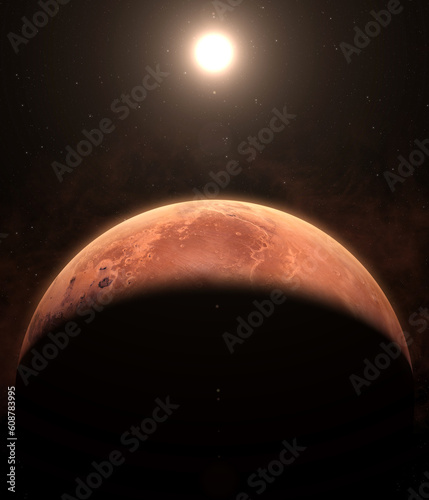 Fototapeta Naklejka Na Ścianę i Meble -  Planet Mars, nebula, galaxy and Sun. The planet Mars appearing from the darkness of outer space. Elements of this image furnished by NASA.