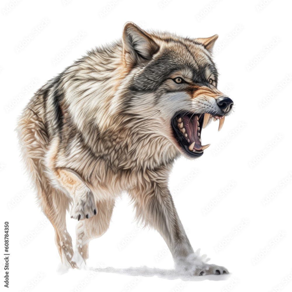 a vicious, Timberwolf, in survival mode, aggressive, Wildlife-themed, photorealistic illustrations in a PNG, cutout, and isolated. Generative AI